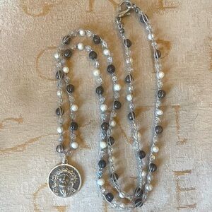 Sterling Silver head of Christ and Brass and pearl Beaded Necklace